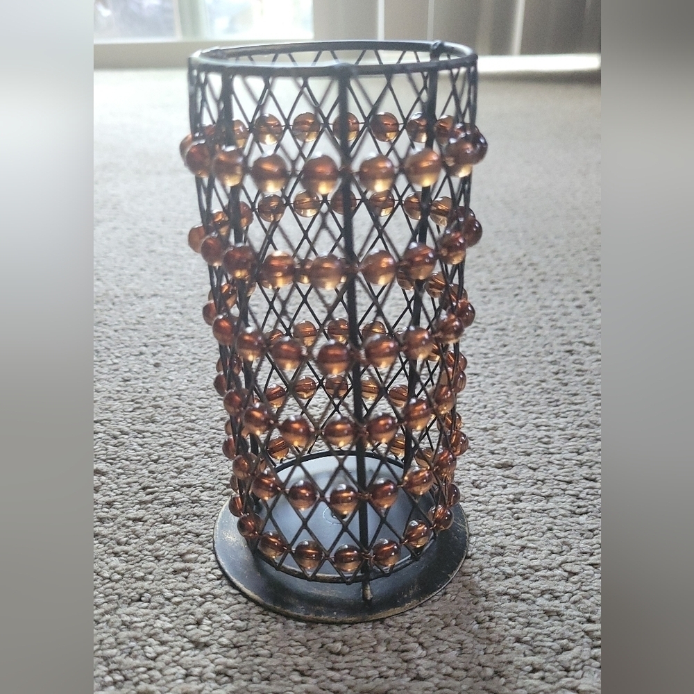 Brown Beaded Metal Pillar Candle Holder - Picture 3 of 7